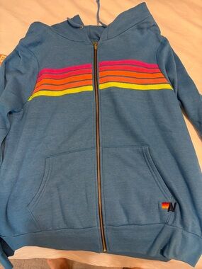 Aviator Nation Blue Zip Hoodie with Neon Rainbow Stripes